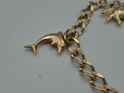 Vintage 9ct Yellow Gold Curb Link Charm Bracelet with Heart Padlock - 8