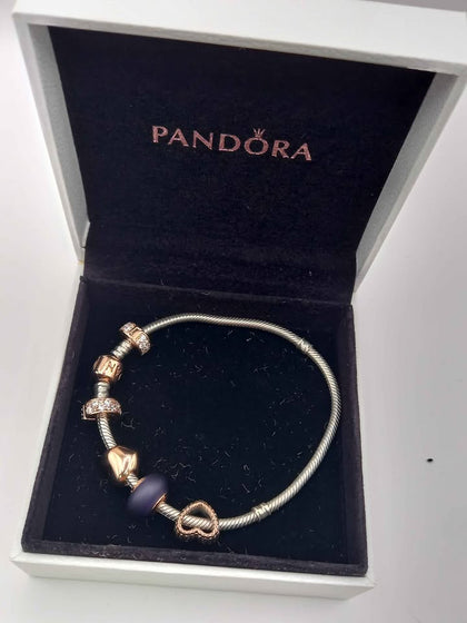 Pandora bracelete complete with 5 charms - hallmarked ALE box included
