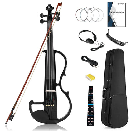 Vangoa Full Size 4/4 Solid Wood Electric Silent Violin with Chin Rest, Ebony Fit