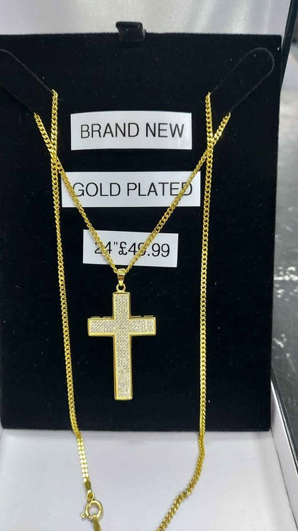 BRAND NEW GOLD PLATED CROSS AND CHAIN