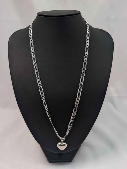 925 Sterling Silver 3-In-1 Figaro Chain With Heart Locket Pendant - 29.2 Grams - 24