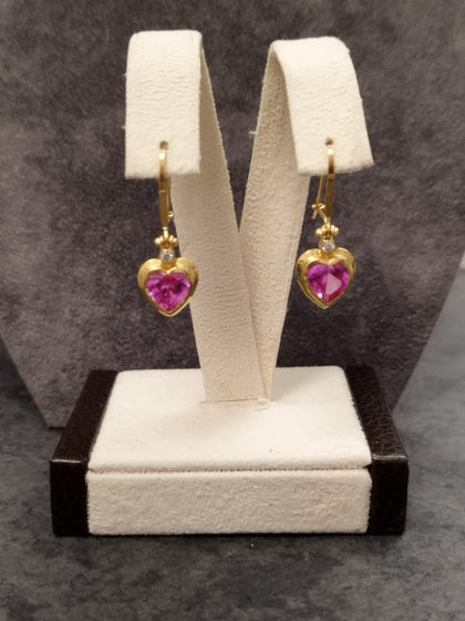 18ct Yellow Gold Bezel set Pink stone Heart Design Earrings