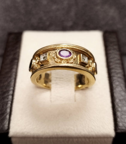 9ct Yellow Gold Medieval Style Diamond & Gem set Band Ring - Size N