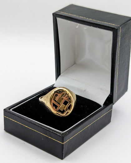 375 9CT YELLOW GOLD RING, UNIQUE LINE DESIGH, SIZE-T, 7.2G,