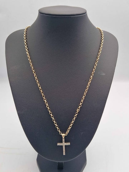 9ct Yellow Gold Belcher Chain Necklace With CZ Cross - 5.60 Grams - 22