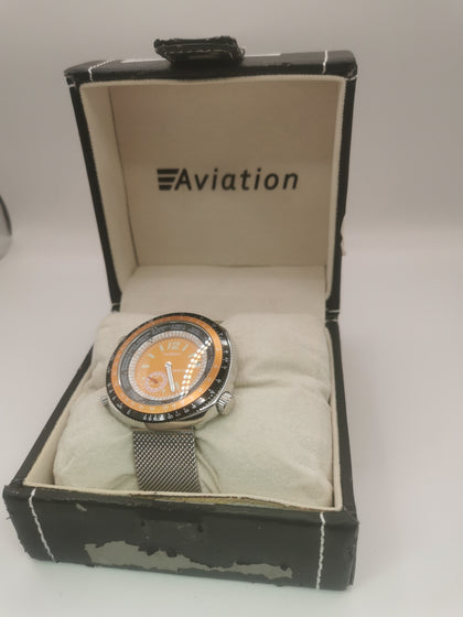 Tegrov Aviation T23765 1970's Men's Watch Orange Dial World Time 25 Jewel Swiss Made Automatic Movement Stainless Steel Case