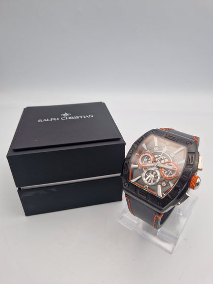 Ralph Christian Intrepid Chronograph Metal black/orange Dial Black Leather Strap quartz Watch BOXED