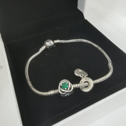 Pandora Bracelet with 2 Charms, Daughter Charm & Green Stone Charm, 25.50Grams, Hallmarked 925 ALE, Size: Approx. 8