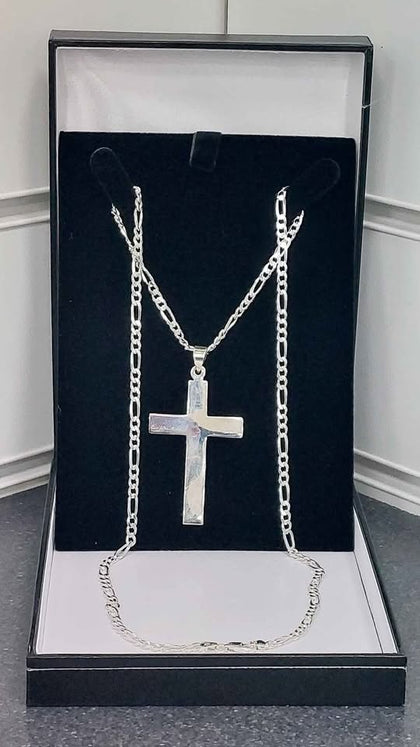 STERLING SILVER CROSS NECKLACE, FIGARO CHAIN,  925 HALLMARKED **BRAND NEW**