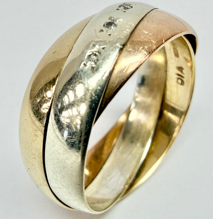 9ct three coloured tri ring with diamonds size P