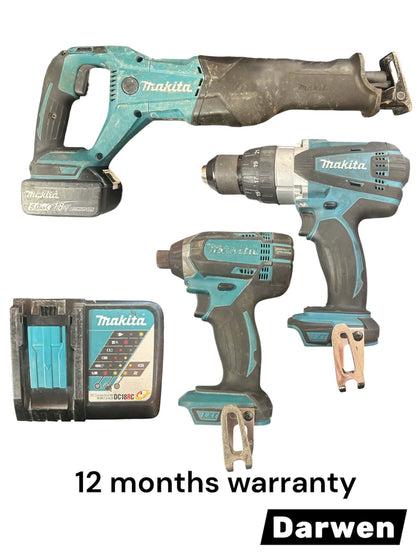 Makita Tool Bundle - MAKITA DJR186 18v Reciprocating Saw - Makita DHP458 Cordless Impact Drill - Makita DTD152 18V Impact Driver + 18v battery + Charg