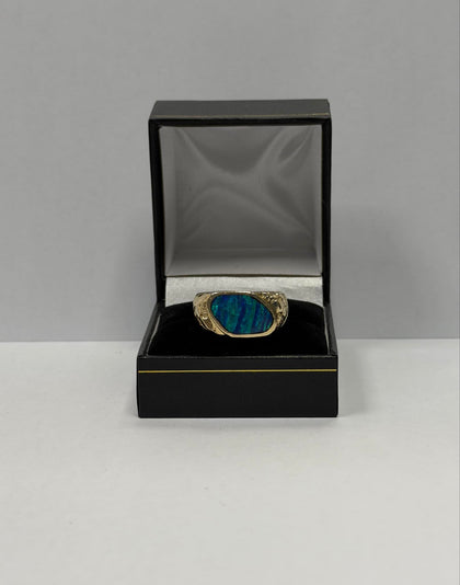 14ct Gents Gold Ring, Blue/Green stone ( Size T ) 9.42g - ** Hallmarked **