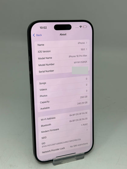 Apple iPhone 16 Pro Max 256GB Black Titanium BH 100% Apple Warranty 23/05/26
