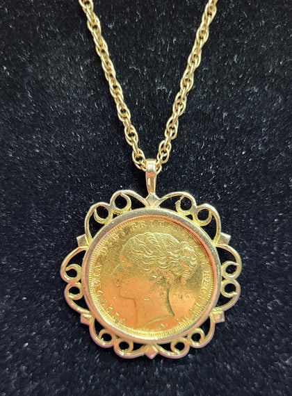 22ct Mounted Full sovereign 1887 -  With 9ct Yellow Gold Mount And Chain - Total 14.3G - 20
