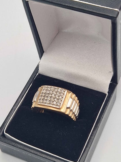 9ct Yellow Gold 0.5ct Diamond & CZ Rolex Style Ring - Size S - 8.48 Grams