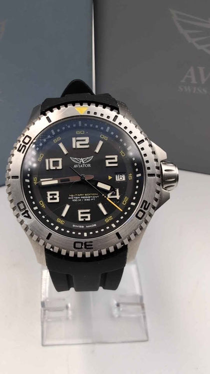 Aviator Military Edition Quartz Divers Style Watch With Date - Boxed With Rubber Strap