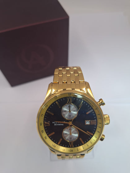 accurist 7403 chrono watch ,BRACELET STAINLESS STEEL , COMES IN ORIGINAL BOX , GOLD WITH BLACK DIAL.