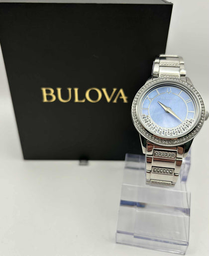 BULOVA TURNSTYLE STEEL SWAROVSKI CRYSTALS MOP DIAL LADIES QUARTZ WATCH 96L260