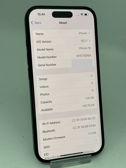 Apple 16 128GB Black Unlocked BH 100% Apple Warranty April 2026