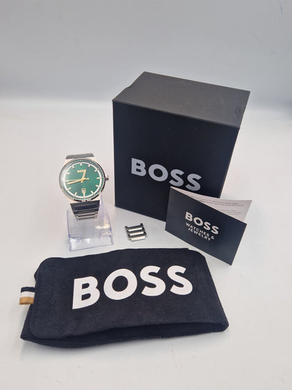 Hugo boss Candor Green mens quartz stainless steel watch with spare links papers and original box