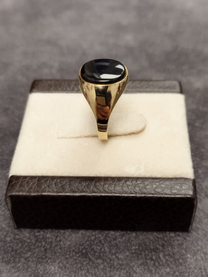 9ct Yellow Gold Oval Black Stone Gents Signet Ring - Size Q