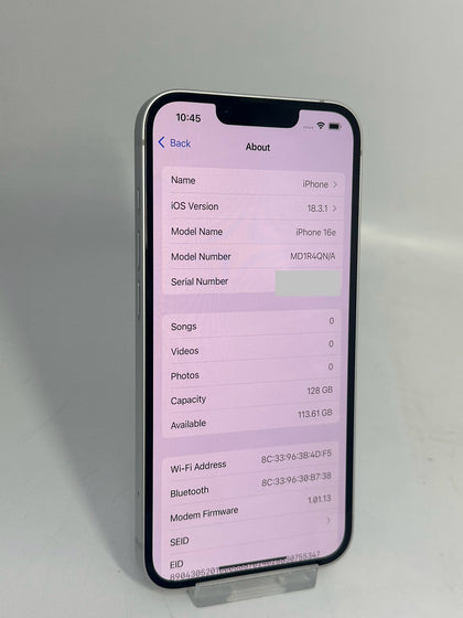 Apple iPhone 16e 128GB White Unlocked BH 100% Apple Warranty Mar 2026