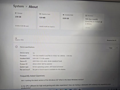 dell inspiron 5501 256gb 8gb laptop