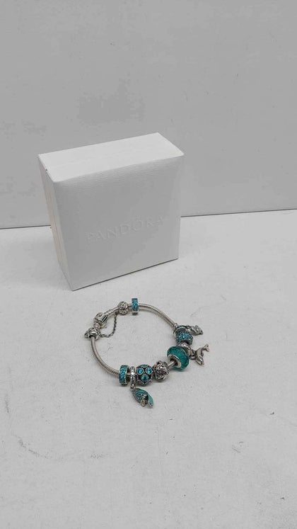 Pandora (ALE 925) Sterling Silver Charm Bracelet With 9x Turquoise Charms & Safety -Boxed - 8