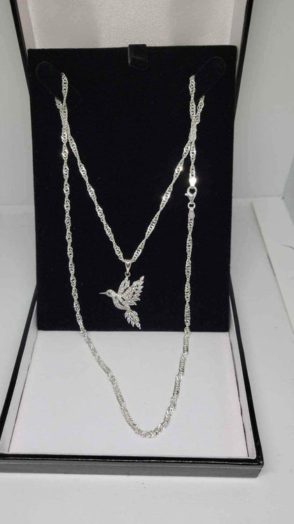 925 Sterling Silver Spiral Chain Necklace With Bird Pendant - 11 Grams - 24