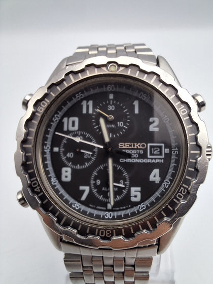 Seiko 7T32-7D19 mens quartz black dial stainless steel 1990s watch BOXED