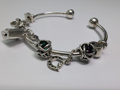 SILVER PANDORA BANGLE WITH CHARMS PRESTON  STORE