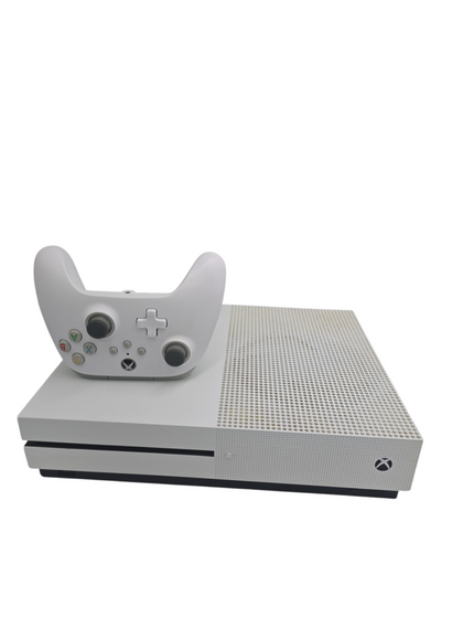 Microsoft Xbox One S console with pad and headphones