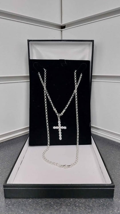 STERLING SILVER NECKLACE CROSS, ROUND BELCHER CHAIN, 925 HALLMARKED **BRAND NEW**