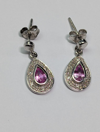 9CT WHITE GOLD DIAMOND & PINK STONE TEAR DROP EARRINGS