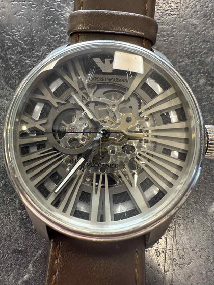 Emporio Armani - Mens AR4629 Black Leather Skeleton Meccanico Watch