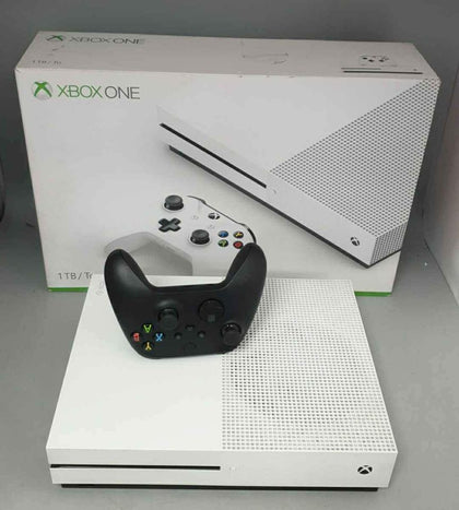 Microsoft Xbox One S 1TB Console - White, boxed with leads and one black controller.