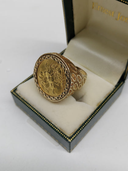 22CT Yellow Gold Full Sovereign 1917 (8 Grams) With 9CT Yellow Gold Ring Mount (7.66 Grams) - Size W - Total 15.66 Grams.