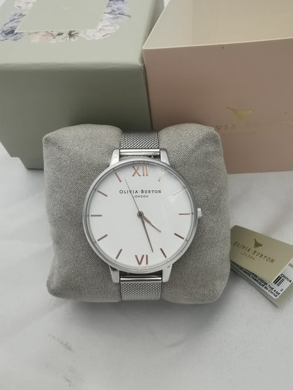 Olivia Burton - White Dial Rose Gold & Silver Mesh Watch.