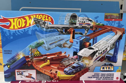 Hot Wheels City Stunt Train Express Track Play Race Moto Shuttle New.