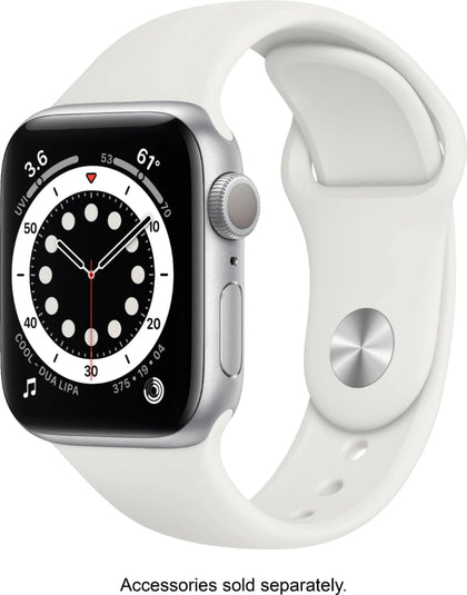 Apple Watch Series 6 40mm GPS Silver with White Sport Band.
