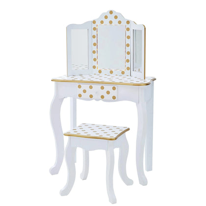 Wooden Play Vanity Set with Mirror & Lights White/Gold.