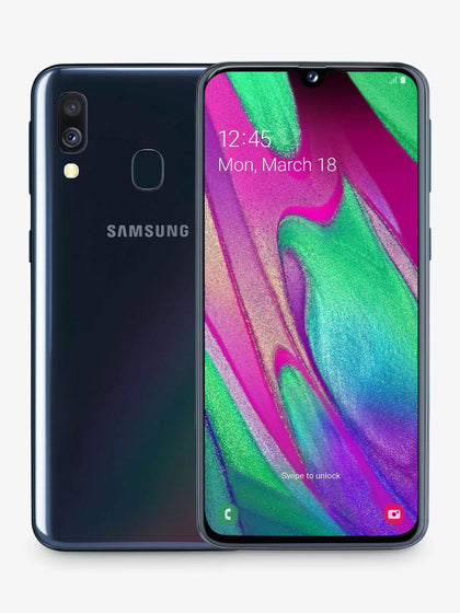 SAMSUNG Galaxy A40 - 64GB - Dual SIM - Android 11 - Oil Spill Blue + Black **UNLOCKED**.