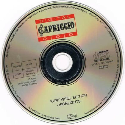 Kurt Weill - Kurt Weill Edition Highlights (Compact Disc CD).