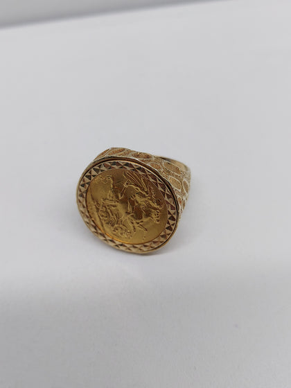 22CT Yellow Gold Full Sovereign 1917 (8 Grams) With 9CT Yellow Gold Ring Mount (7.66 Grams) - Size W - Total 15.66 Grams.
