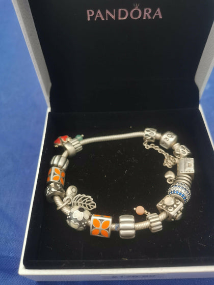 Pandora Bracelet (15 Charms, Hallmarked 925 ALE) *BOXED, GREAT CONDITION* 52.10G.