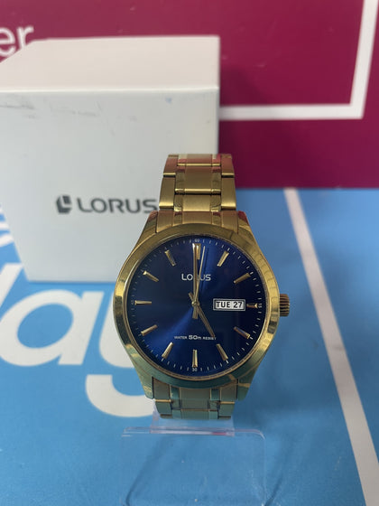 LORUS STAINLESS STEEL WATCH BLUE FACE GOLD STRAP BOXED.