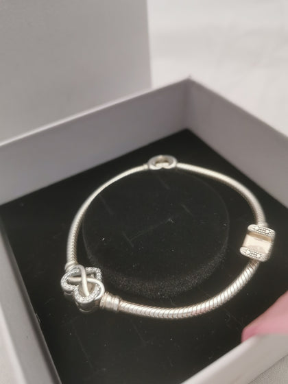 Pandora Bracelet with 2 Charms, Love Heart Clasp (Family Forever & Always) Hallmarked, 7