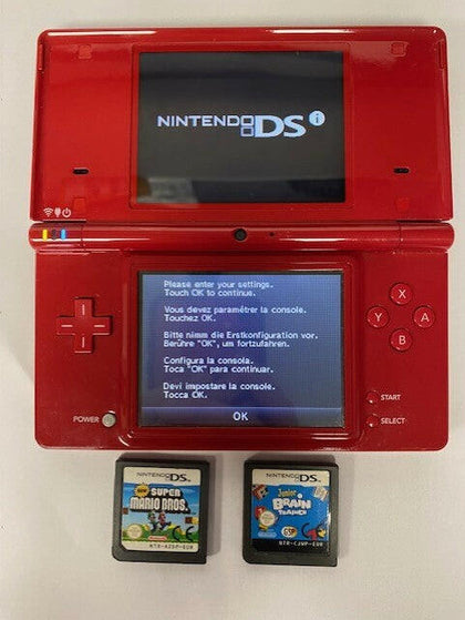 Nintendo DSi (Red) with 2 game cartridges.