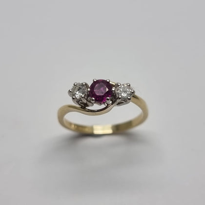 9ct Gold Ruby and Diamond Three Stone Hallmarked Ring size L.