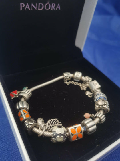Pandora Bracelet (15 Charms, Hallmarked 925 ALE) *BOXED, GREAT CONDITION* 52.10G.